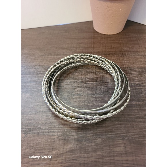 Silver Tone Stackable Bangle Bracelet Set 8 Piece Twisted Rope Smooth Minimalist - Picture 2 of 7